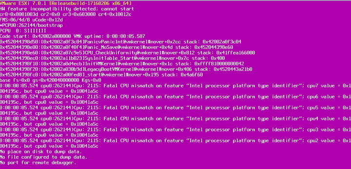 VMware ESXi Purple Screen of Death - Fatal CPU Mismatch